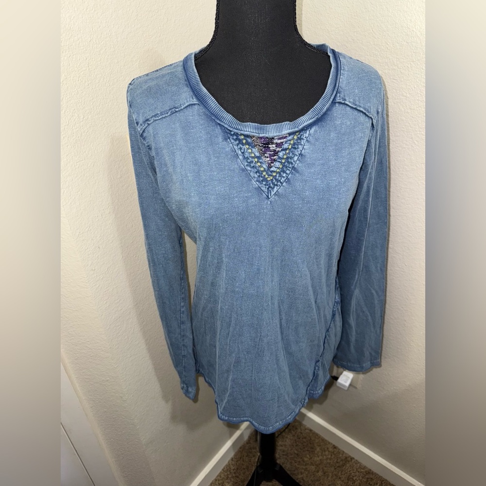 Spense Blue Acid Wash Boho Top Embroidered Y2K Long Sleeve Tee- Medium - Picture 2 of 9